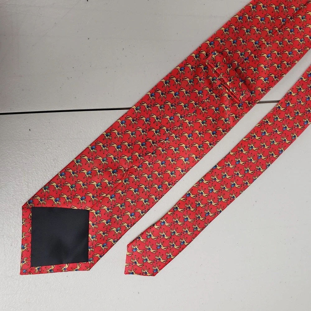 Red Silk Equestrian Necktie Horse & Jockey Pattern Classic Men's Tie 62x3.25